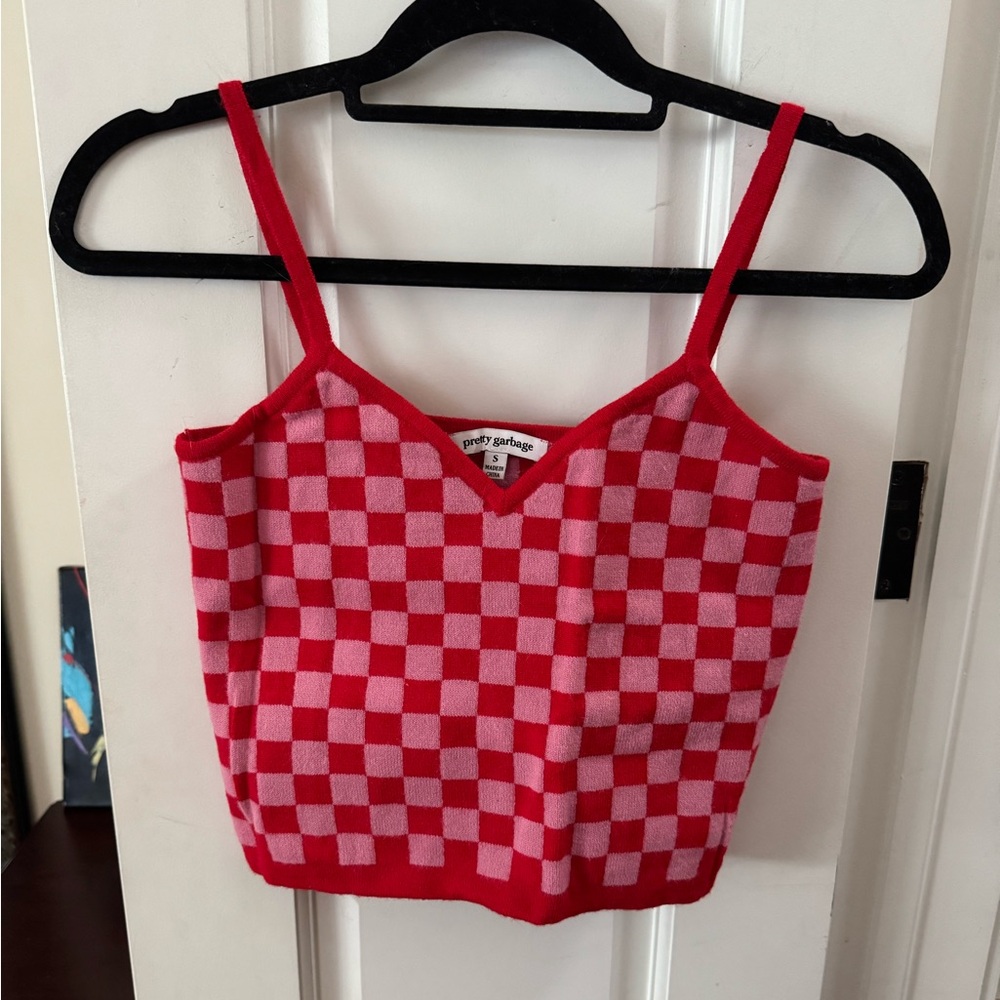 Pink & red knits checkered sweater tank top